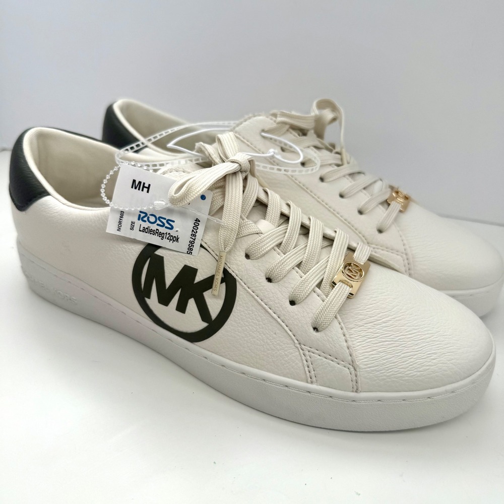 Michael Kors MK Faux Leather Sneakers White Dark Green Trim Women's Size 10 NEW - Picture 2 of 9